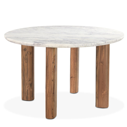 54" White Marble and Reclaimed Teak Wood Round Table