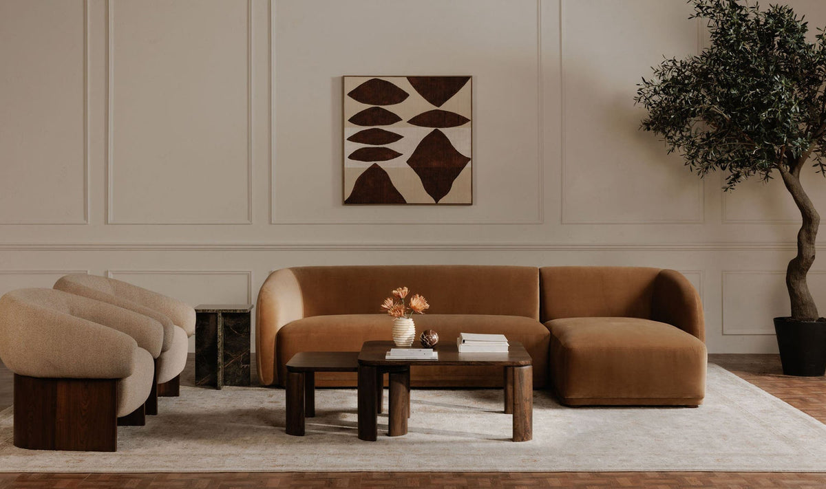 113.75" Tan Faux Mohair Upholstered Right Facing Sectional