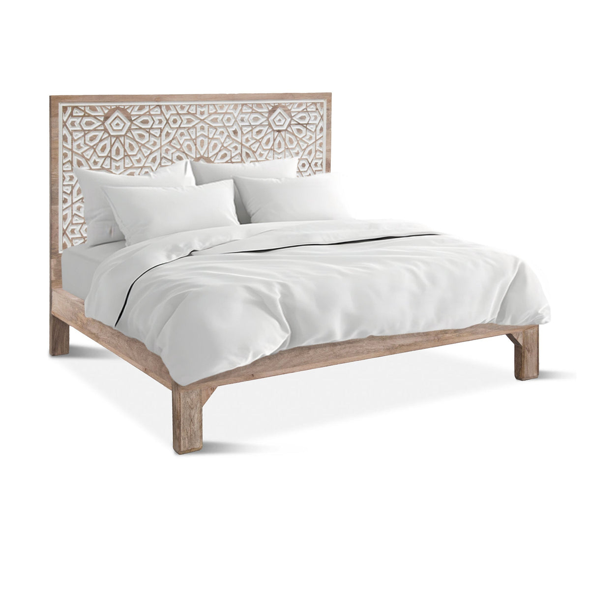 66" Carved Natural White Queen Size Bed