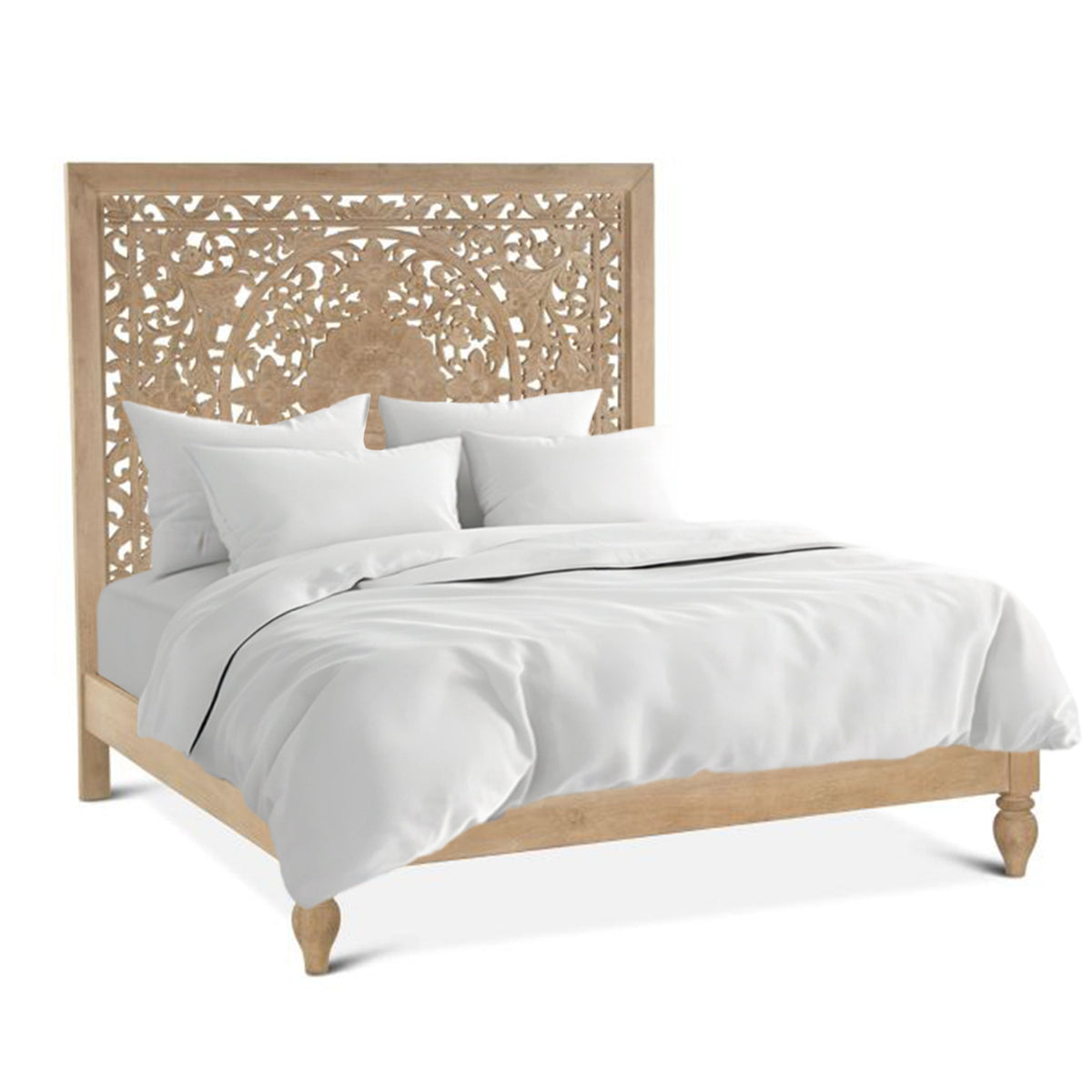 80" Hand-Carved Whitewash King Size Bed