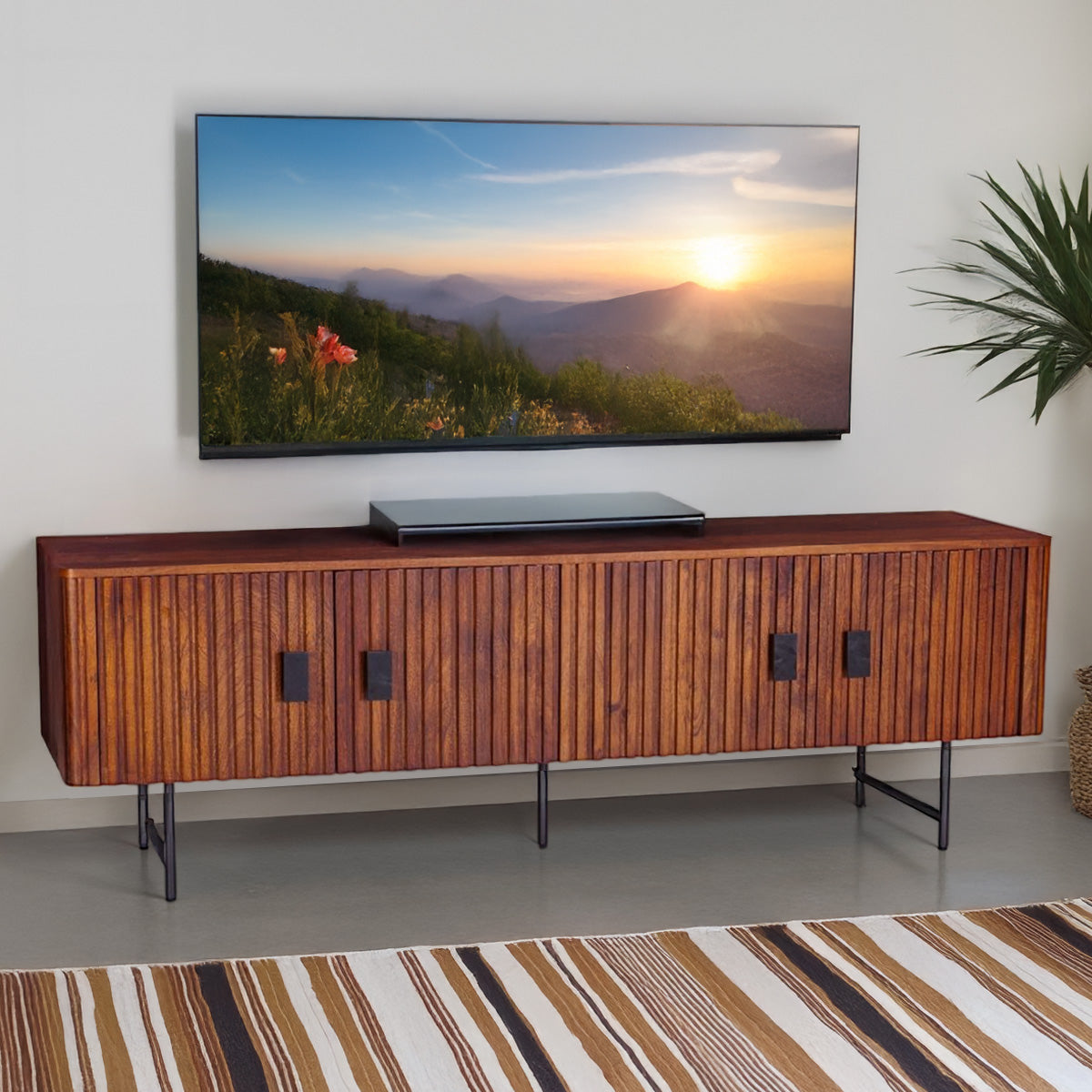 67" Pecan Brown Mango Wood Fluted Media Cabinet