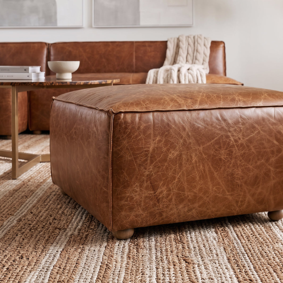 35" Cocoa Brown Leather Sectional Ottoman