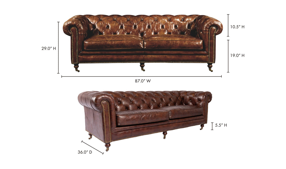87" Dark Brown Leather Sofa