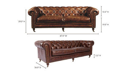 87" Dark Brown Leather Sofa