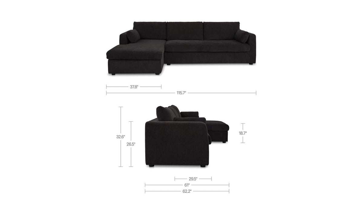 115.75" Black Upholstered Sleeper Storage Chaise Left Facing Sectional