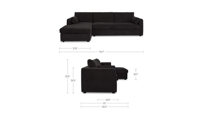 115.75" Black Upholstered Sleeper Storage Chaise Left Facing Sectional