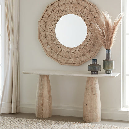 60" White Marble and Whitewash Mango Wood Console Table