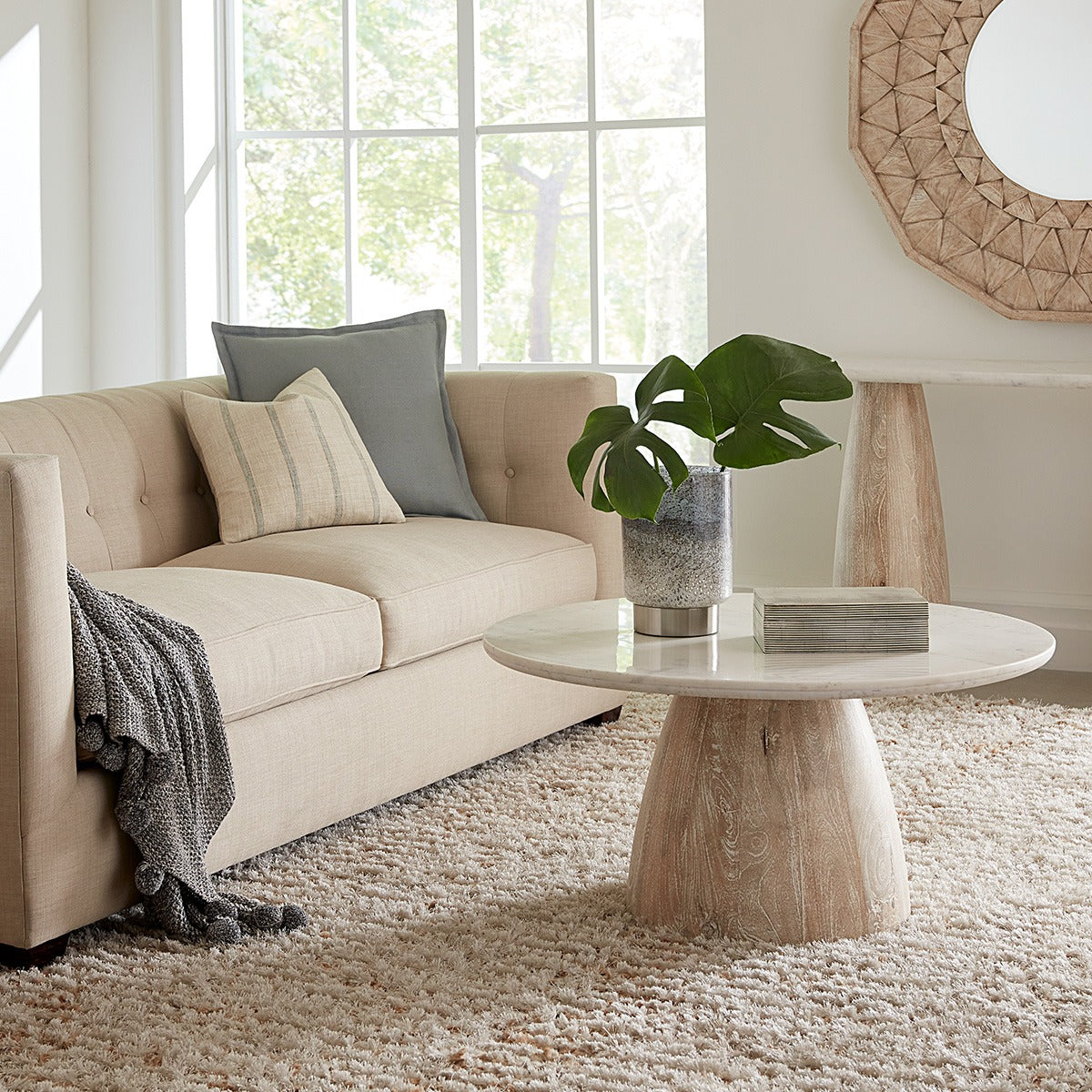 36" White Marble and Whitewash Mango Coffee Table