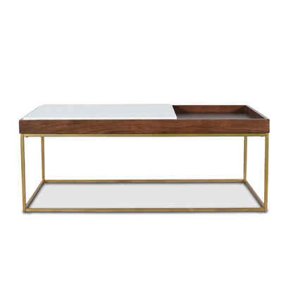 45" White Marble and Walnut Wood Coffee Table