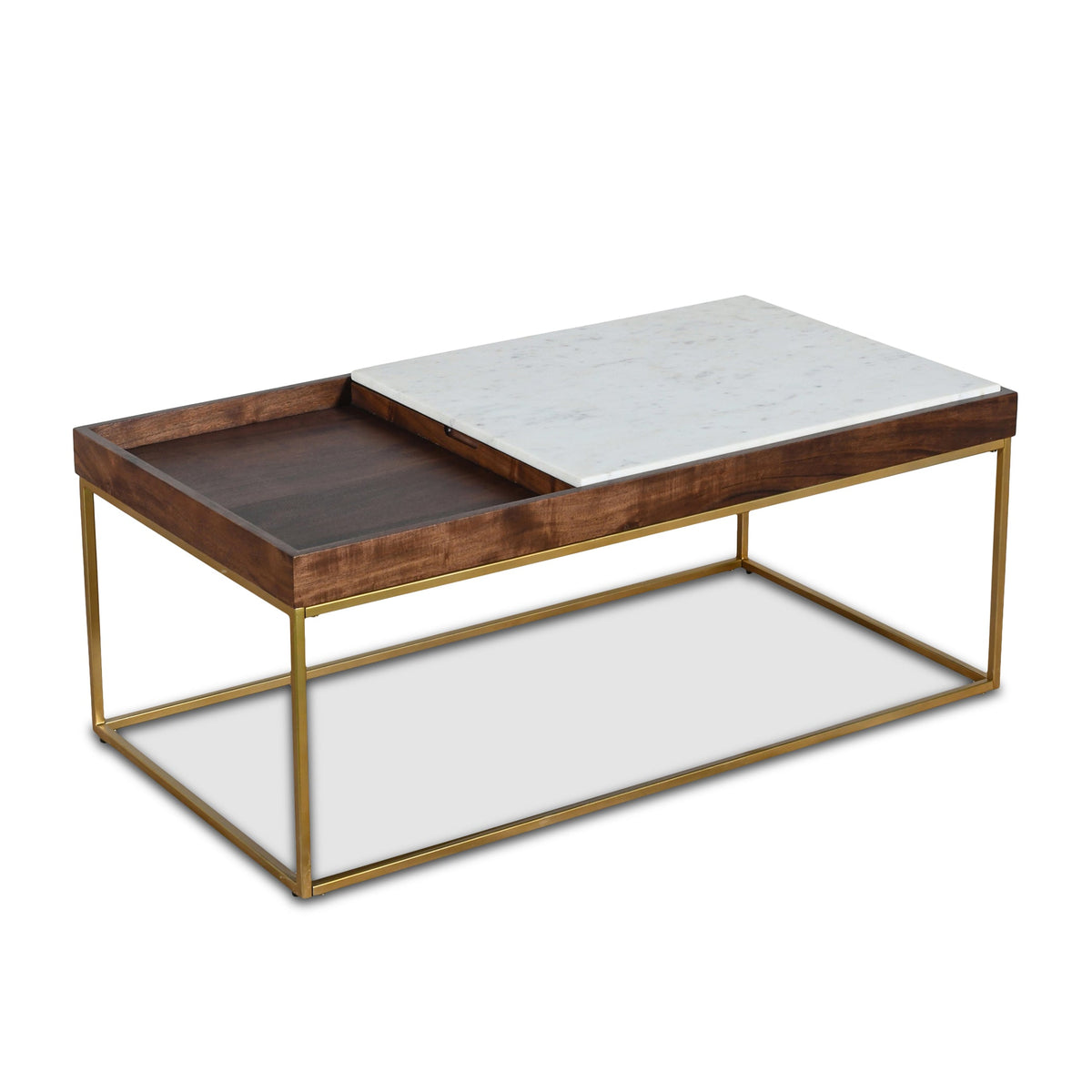 45" White Marble and Walnut Wood Coffee Table