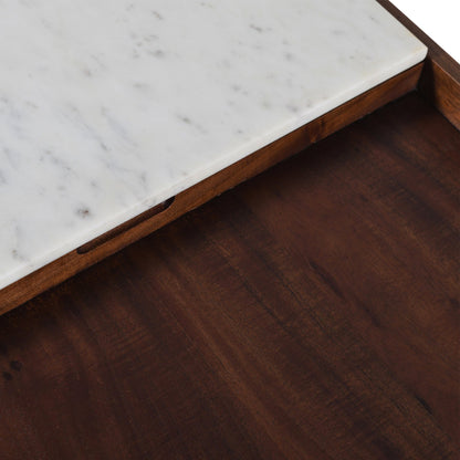 45" White Marble and Walnut Wood Coffee Table