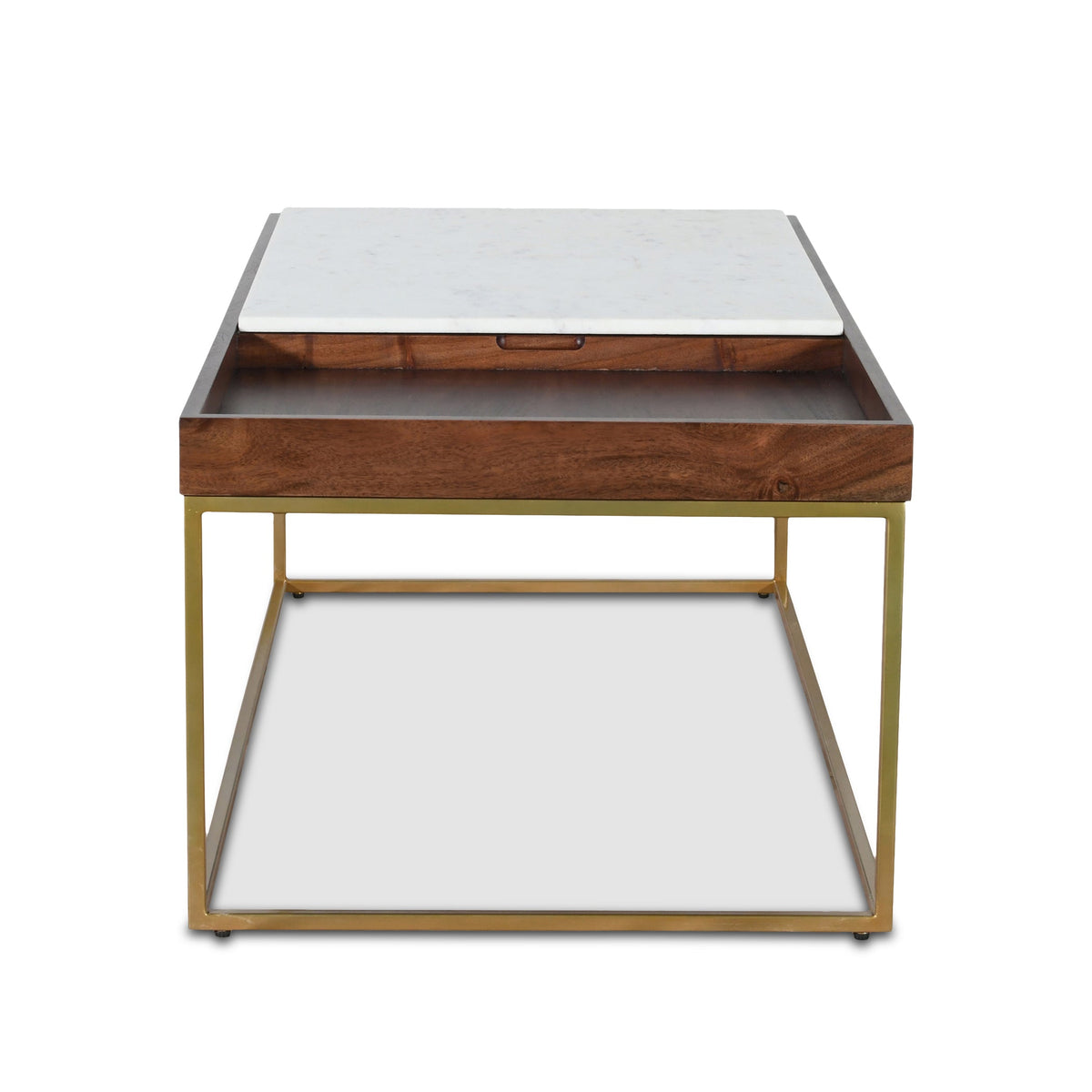 45" White Marble and Walnut Wood Coffee Table