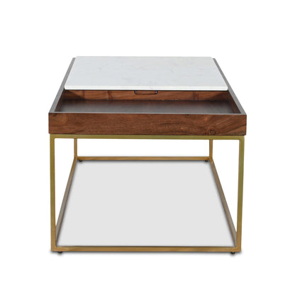 45" White Marble and Walnut Wood Coffee Table